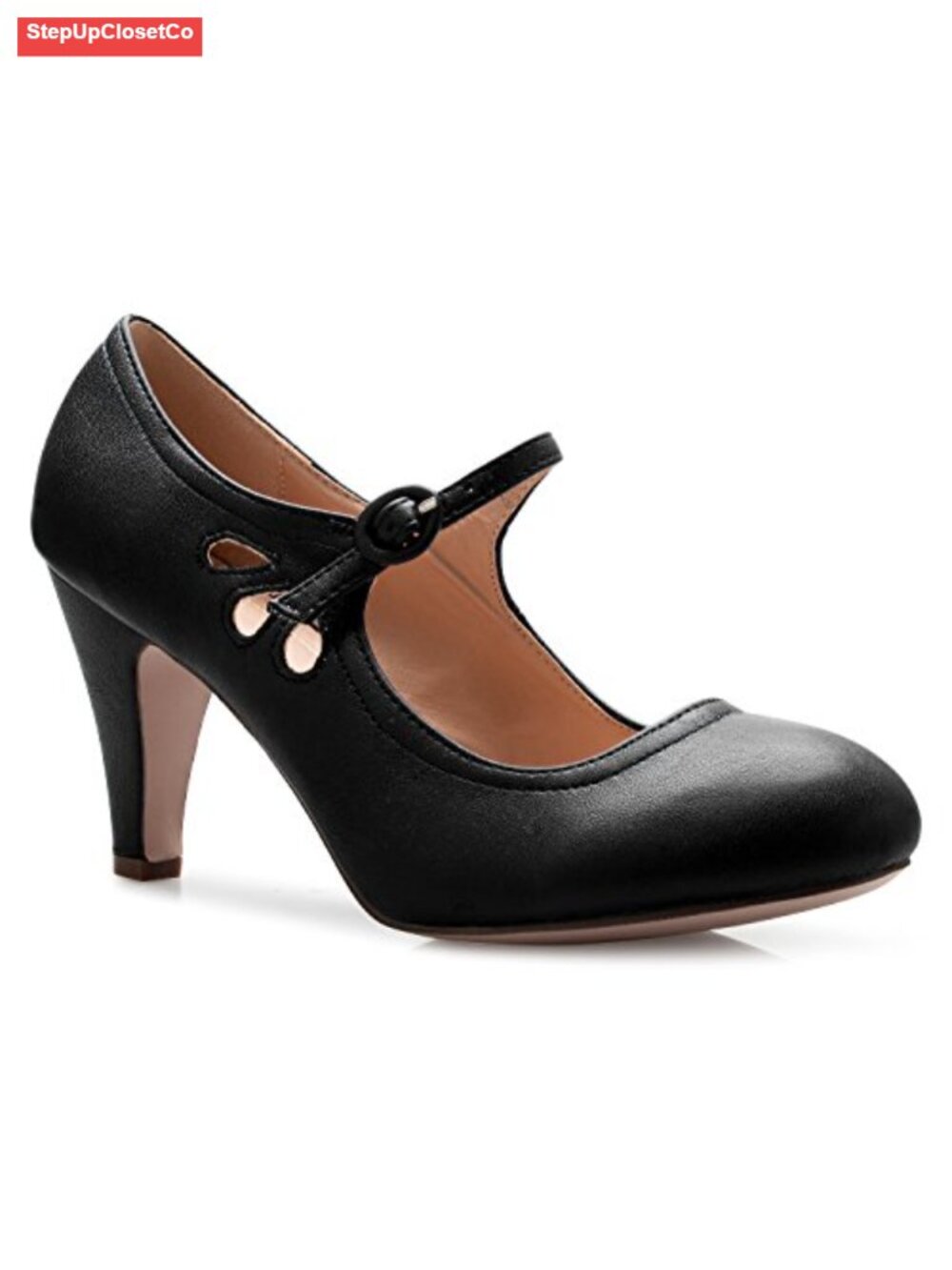 Kitten Heels Mary Jane Pumps Round Toe Adjustable Strap Faux Leather